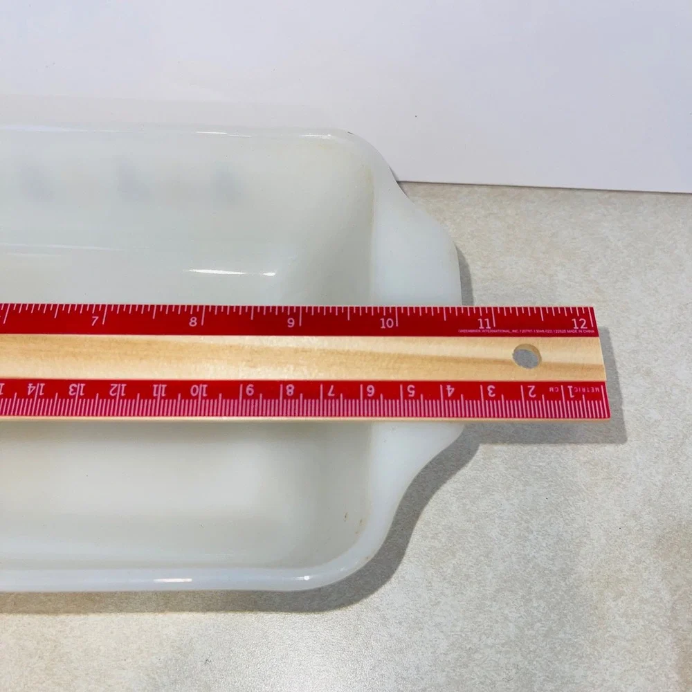 Fire-King Atomic Starburst Milk Glass Loaf Pan White Blue Gold Vintage MCM